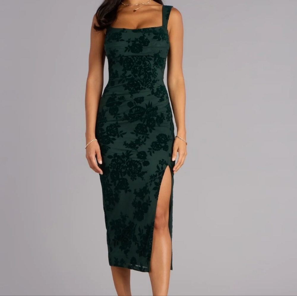 Windsor | Never Worn Hunter Green Emme Flocked Velvet Midi Formal Dress - Picture 6 of 10